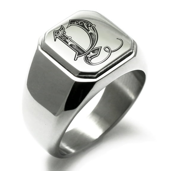 Stainless Steel Letter Y Initial Royal Monogram Engraved Engraved Square Flat Top Biker Style Polished Signet Ring