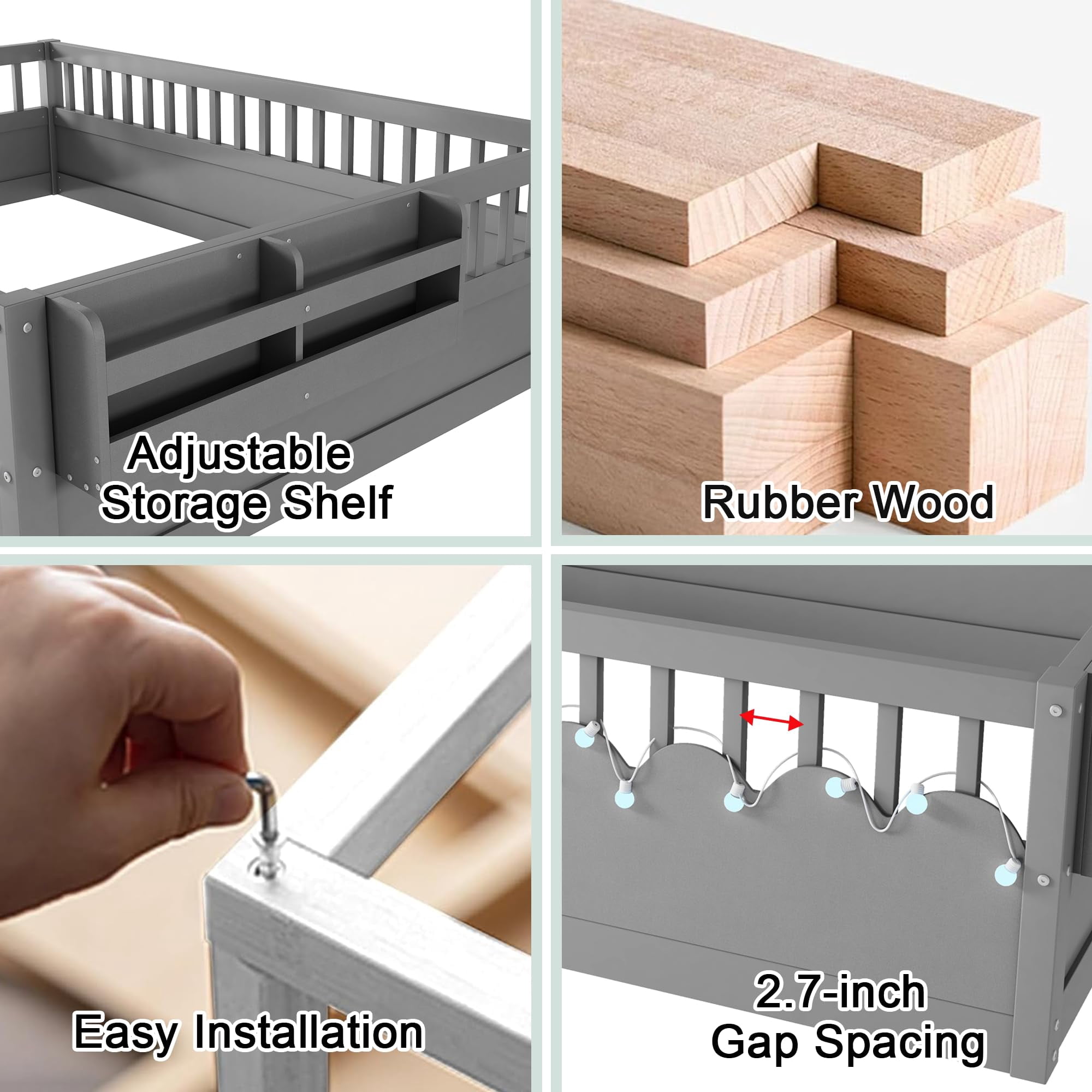 Mirightone Twin Montessori Floor Bed with  Rails and Storage Shelf, Wood Floor Bed Frame with Light for Boys Girls, Gray