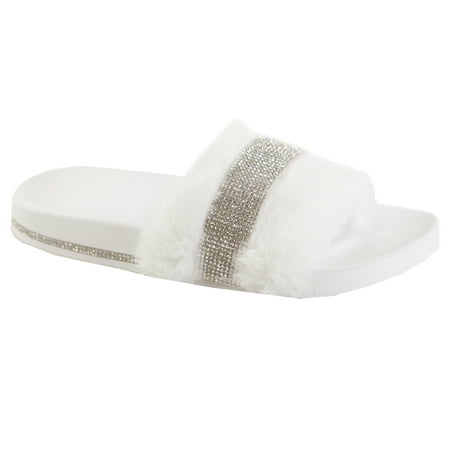 

SNJ Women s Faux Fur Rhinestone Glitter Strap Slide Fluffy Open Toe Flat Slipper