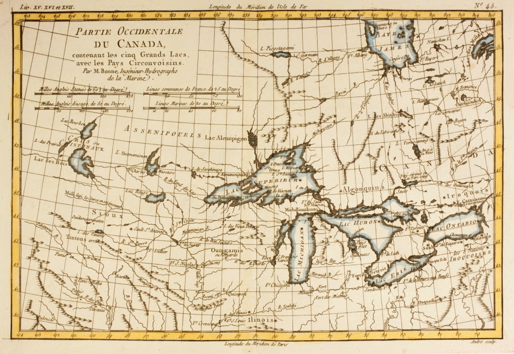 Map Of Western Canada Including The Five Great Lakes Circa 1760 From Atlas De Toutes Les Parties Connues Du Globe Terrestre By Cartographer Rigobert Bonne Published Geneva Circa 1760 Canvas Art - Ken