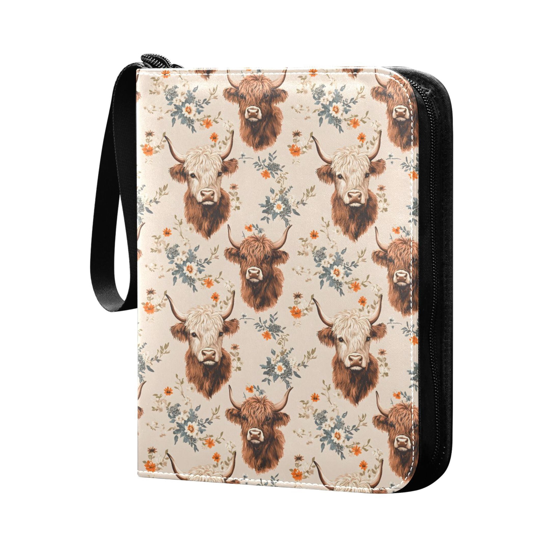ALAZA Highland Cattle Floral Trading Card Binder 4 Pocket Cards Collection Album 400 Folder Holder