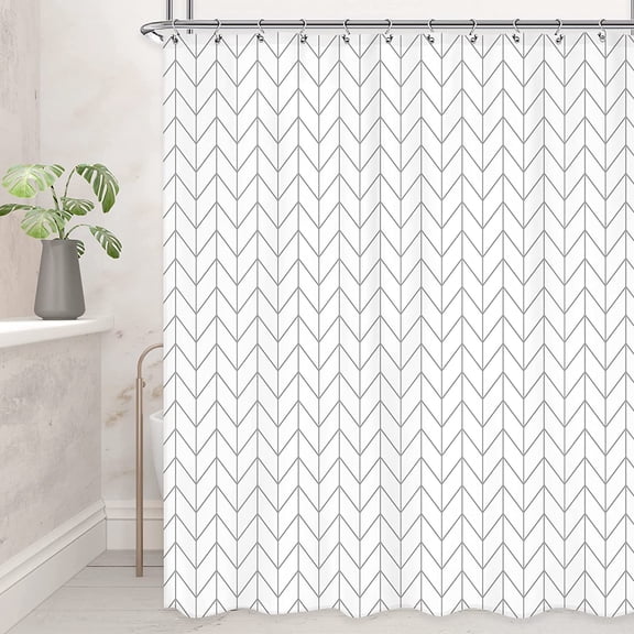 Herringbone Shower Curtain Extra Long Chevron 72Wx84H Inch White Grey Geometric Striped Dorm Simple Modern Classy Neutral Contemporary Decor Fabric Bathroom Set Polyester Waterproof