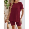 thumbnail image 4 of Weardear Maternity Outfits Set 2 Piece Matching Sets Ribbed Knit Side Split Short Sleeve Shirts and Biker Shorts Pregnancy Loungewear, 4 of 6