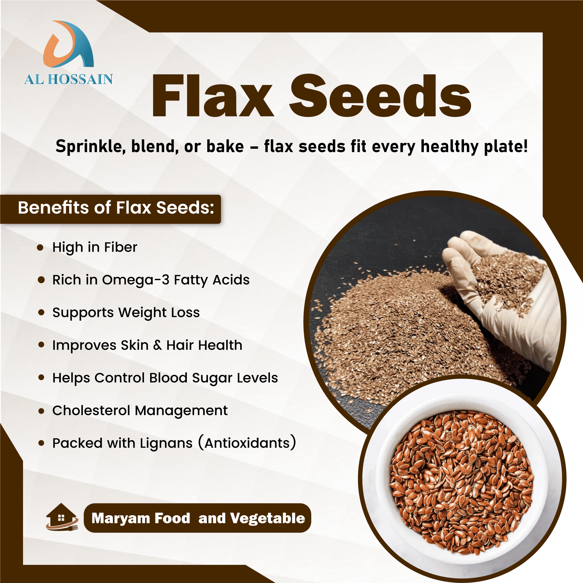 Al Hossain Whole Flax Seeds 8.8 oz (250g) – Natural Guatemalan Flaxseed, Gluten-Free, Rich in Omega-3, Antioxidants, Heart & Digestive Health, Vegan Superfood