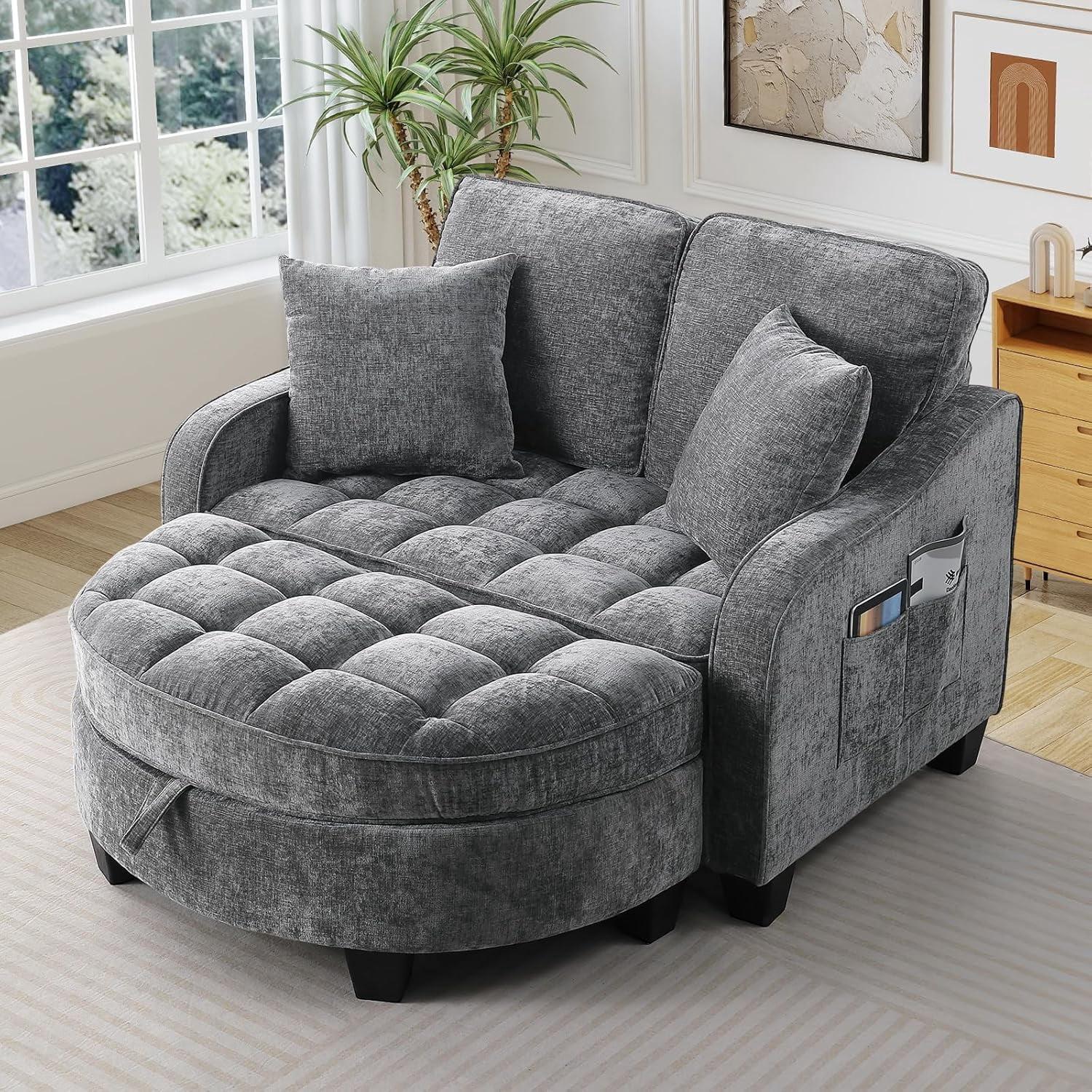 MOONMISS Oversized Chair and A Half, Chenille Tufting Accent Cozy Reading Sofa Chair with Storage Ottoman, Upholstered Loveseat Chaise Lounge Sofa with Adjustable Back for Living Room,Gray