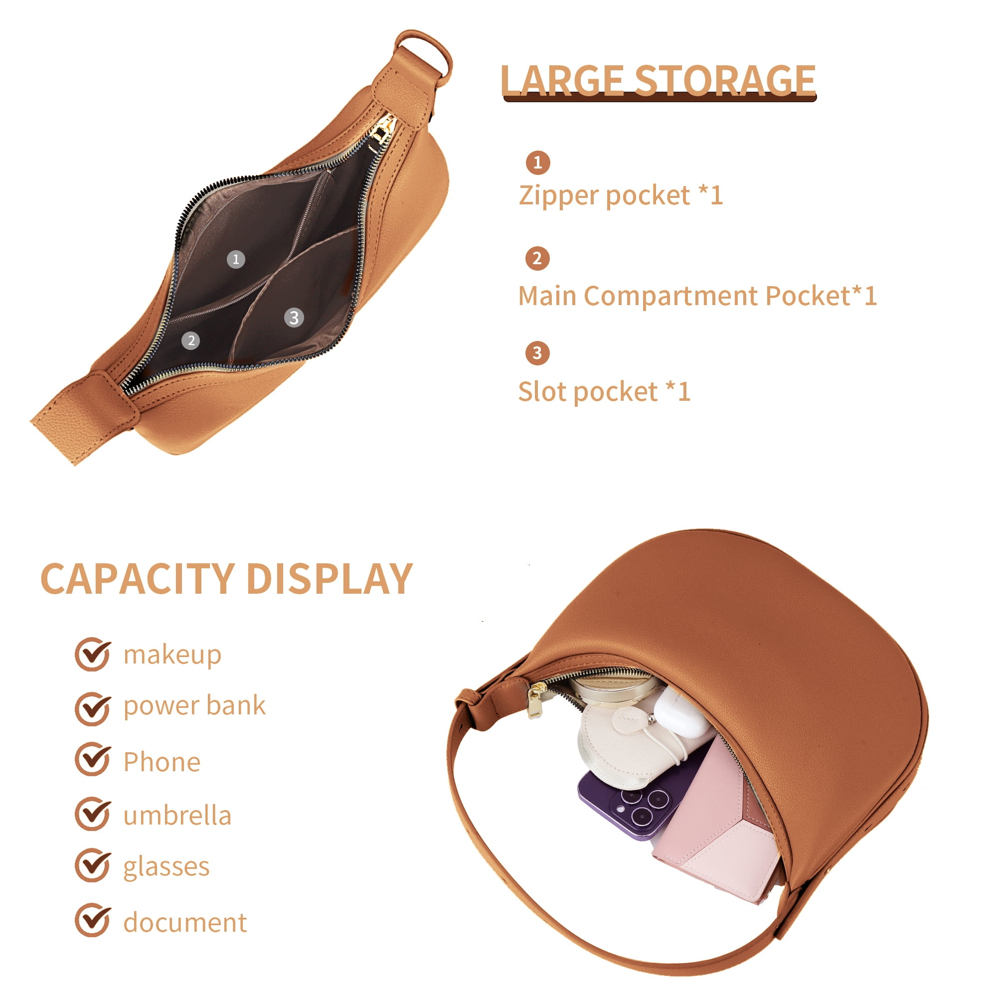 Badiya Crescent Shoulder Bag for Women Trendy Leather Crossbody Hobo Purse Vegan Clutch Handbag with 3 Adjustable Strap