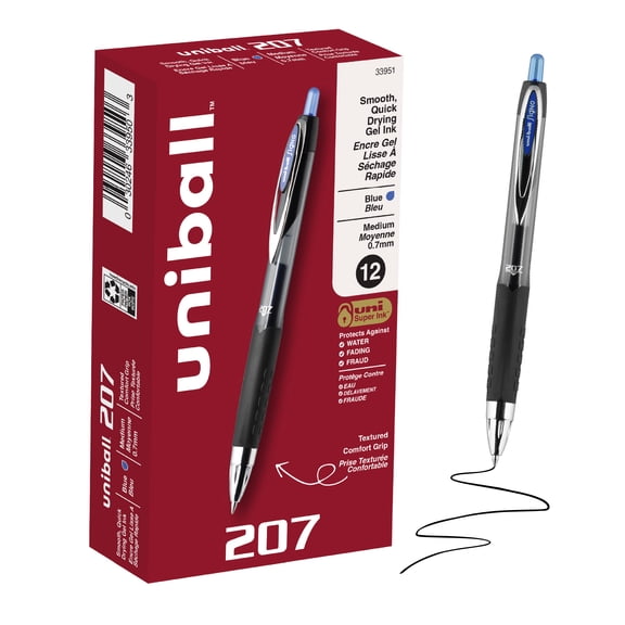 uniball™ 207 Retractable Gel Pens, Medium Point, 0.7mm, Blue Ink, 12 Count