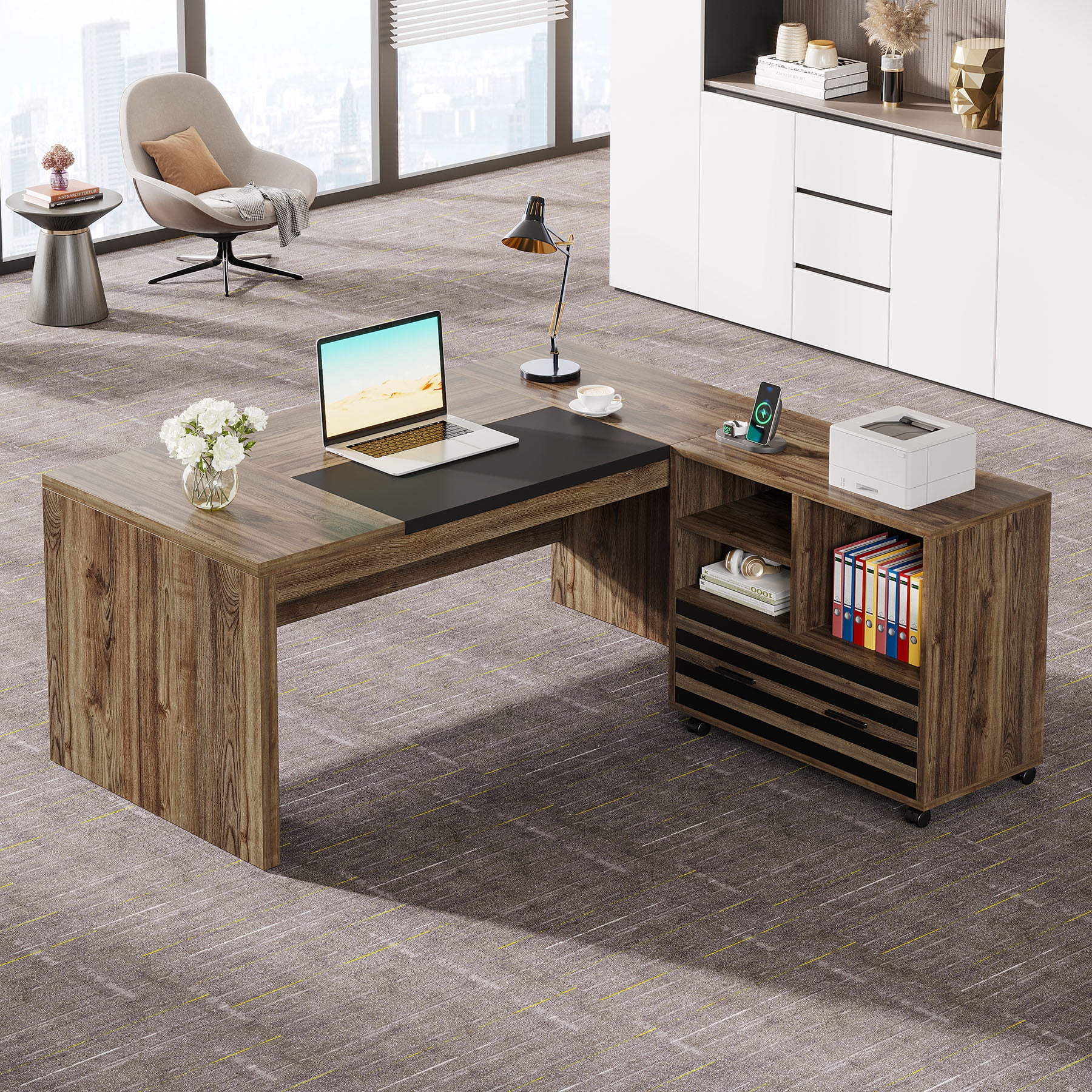 Tribesigns 62.2" Executive Desk with Storage Shelves, L-Shaped Office Desk with Mobile File Cabinet, Large Office Desk for Home Office, Light Brown