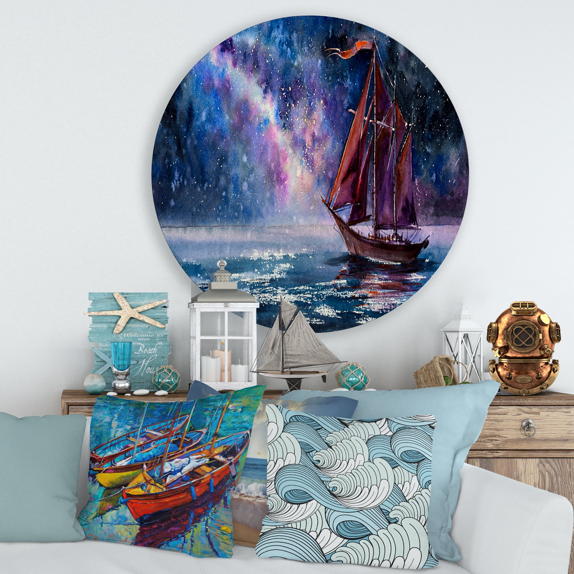 Designart 'Red Sails & Bright Night Sky With Wooden Sailboat' Nautical & Coastal Circle Metal Wall Art 29x29 - Disc of 29