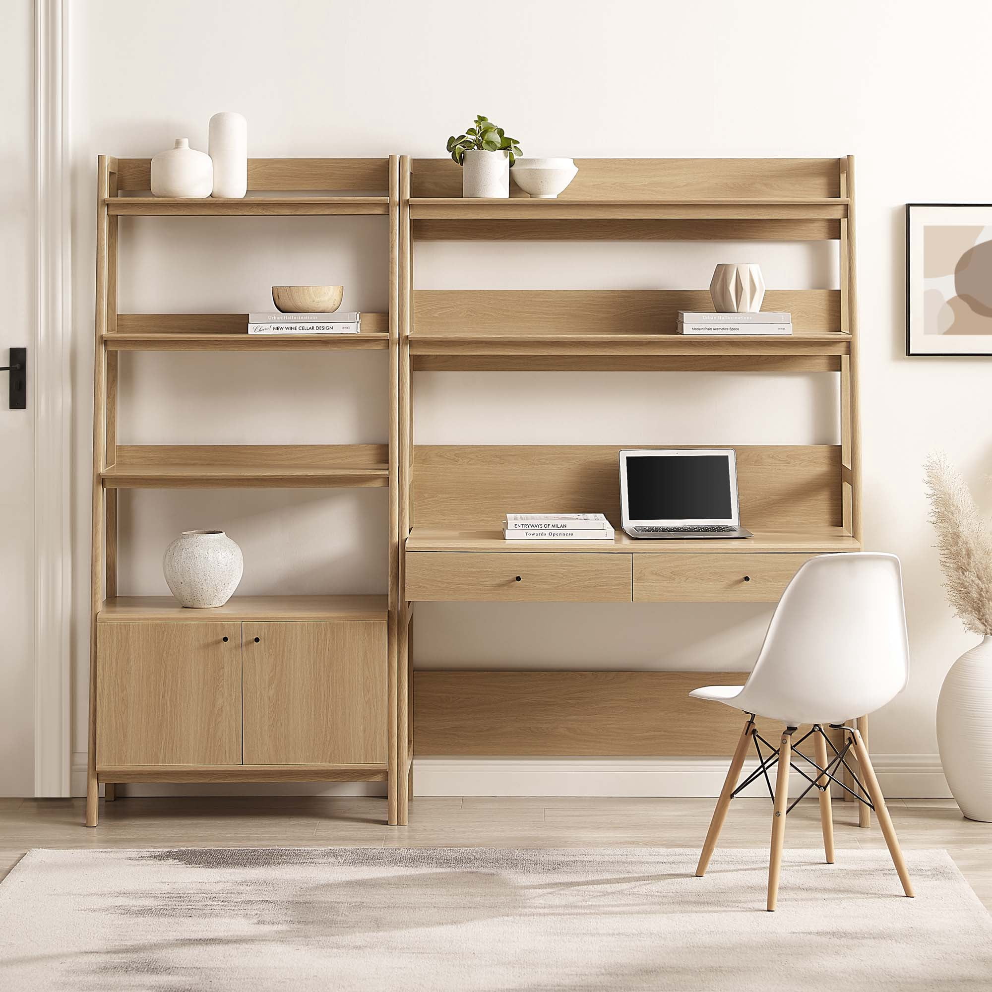 Modway 2-Piece Wood Office Desk and Bookshelf, Wood Oak, 161 lb