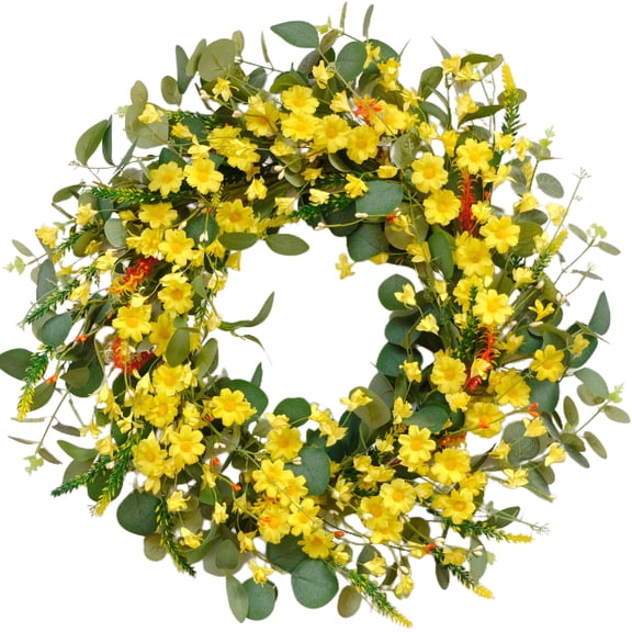 26 Inch Spring Front Door Wreath,Yellow Floral Wreath with Eucalyptus Leaves, Artificial Farmhouse Wreaths for Home Wall Porch Window Fireplace Decor Wedding Party Office Decor