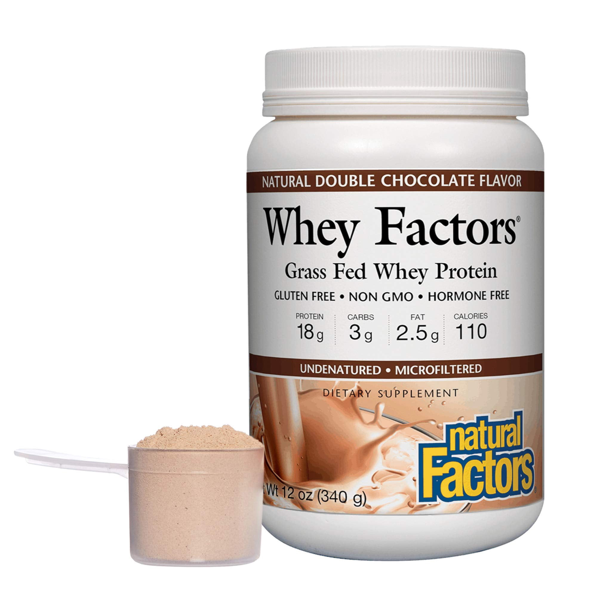 Natural Factors Whey Factors, Grass Fed Whey Protein Concentrate, Aids Muscle Development and Immune Health, Double Chocolate, 12 Oz