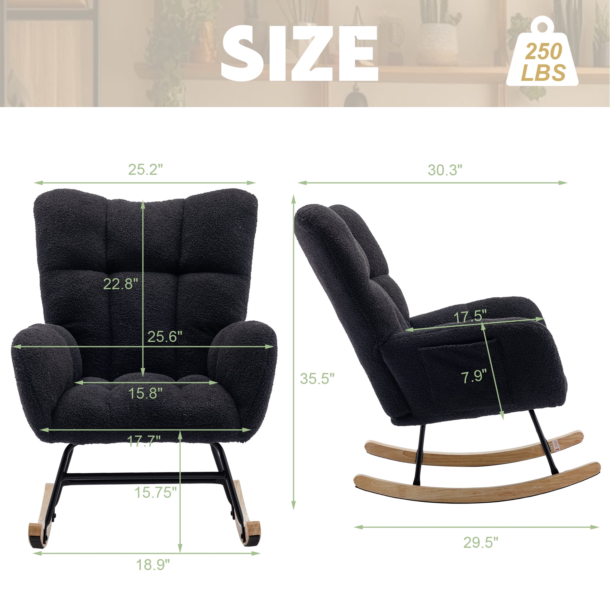Leumius Rocking Chair Nursery,Teddy Upholstered Glider Rocker with High Backrest,Modern Rocking Accent Chairs Glider Recliner for Living Room, Nursery, Bedroom,Black