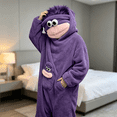 thumbnail image 4 of Monster Onesie Animal Pajamas Cosplay Costume with Slippers and Comb, Big Eyes Wide Mouth Monster Jumpsuit, Funny Character Outfit, Halloween Costume for Couples, Parties and Events, Dark Purple:M, 4 of 5