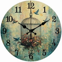 Vintage Birdcage Wall Clock 12 Inch Flowers Clock Battery Operated Silent Non Ticking Bird Round Decorative Clocks for Home Office Decoration