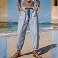 thumbnail image 6 of Womens Summer Striped Barrel Pants Comfy Drawstring Cropped Pant with Pockets Beach Vacation Elastic Waisted Trousers Blue S, 6 of 7