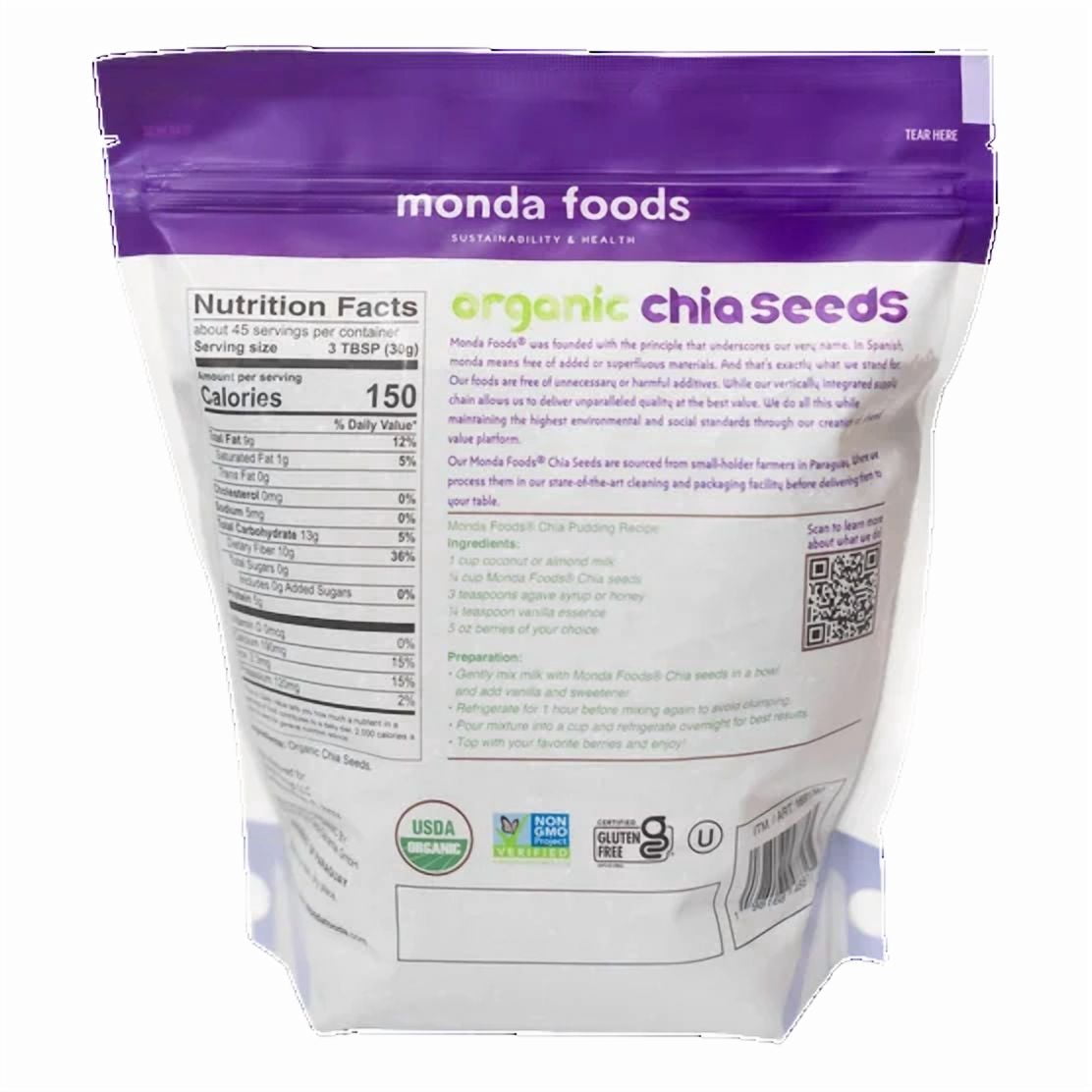 Monda Foods Organic Chia Seeds 3 LB (1.36 Kg) Gluten Free