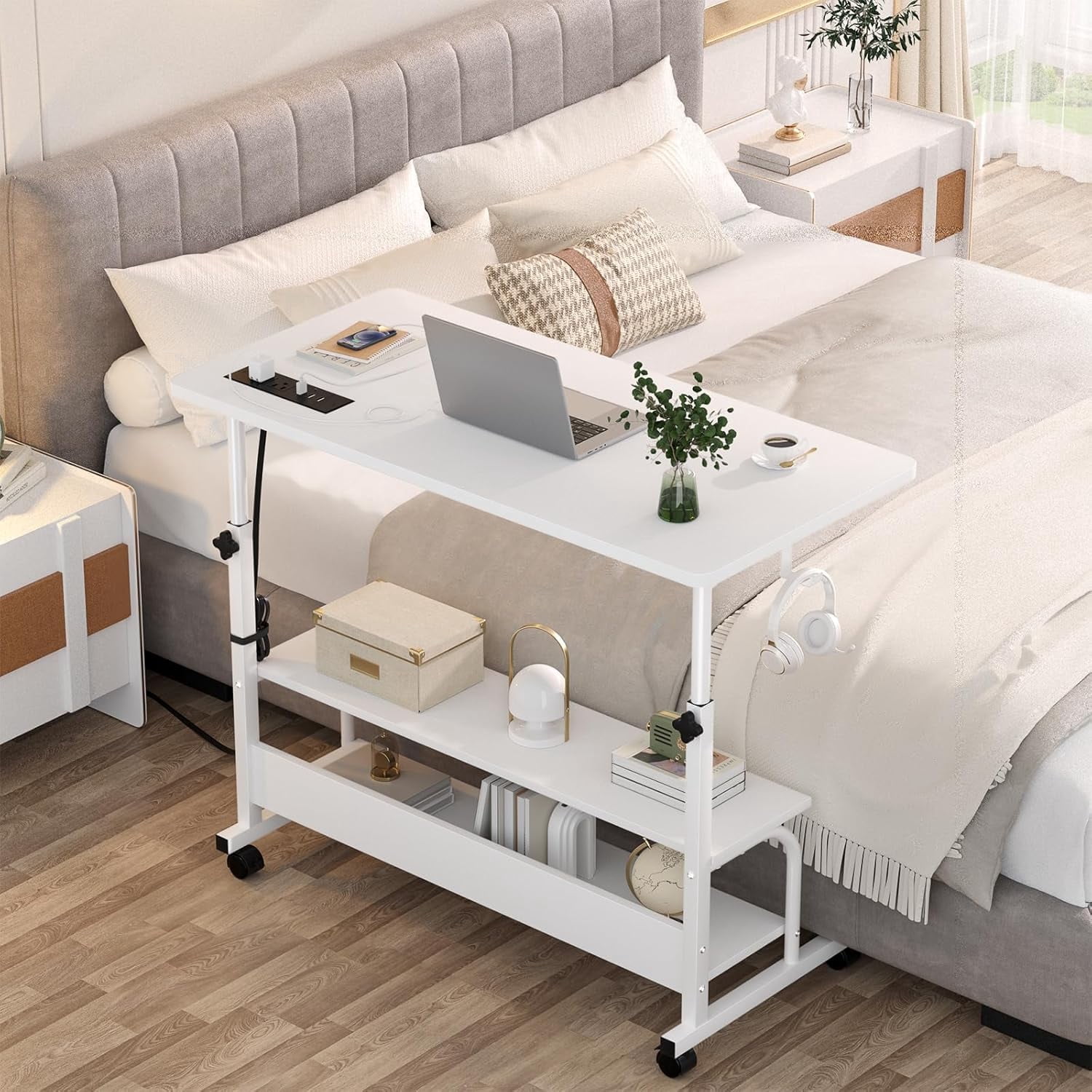 Homieasy Height Adjustable Standing Desk with Power Outlet & USB Ports, Max Height 41'', Small Mobile Computer Desk with Storage Shelves & Hooks, Portable Laptop Table for Home & Office, White
