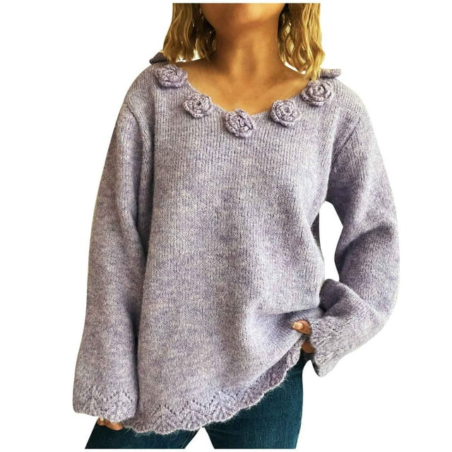 Ailaofu Womens Wool Blend Embroidery Floral Oversized Fit Sweater Trendy 2025