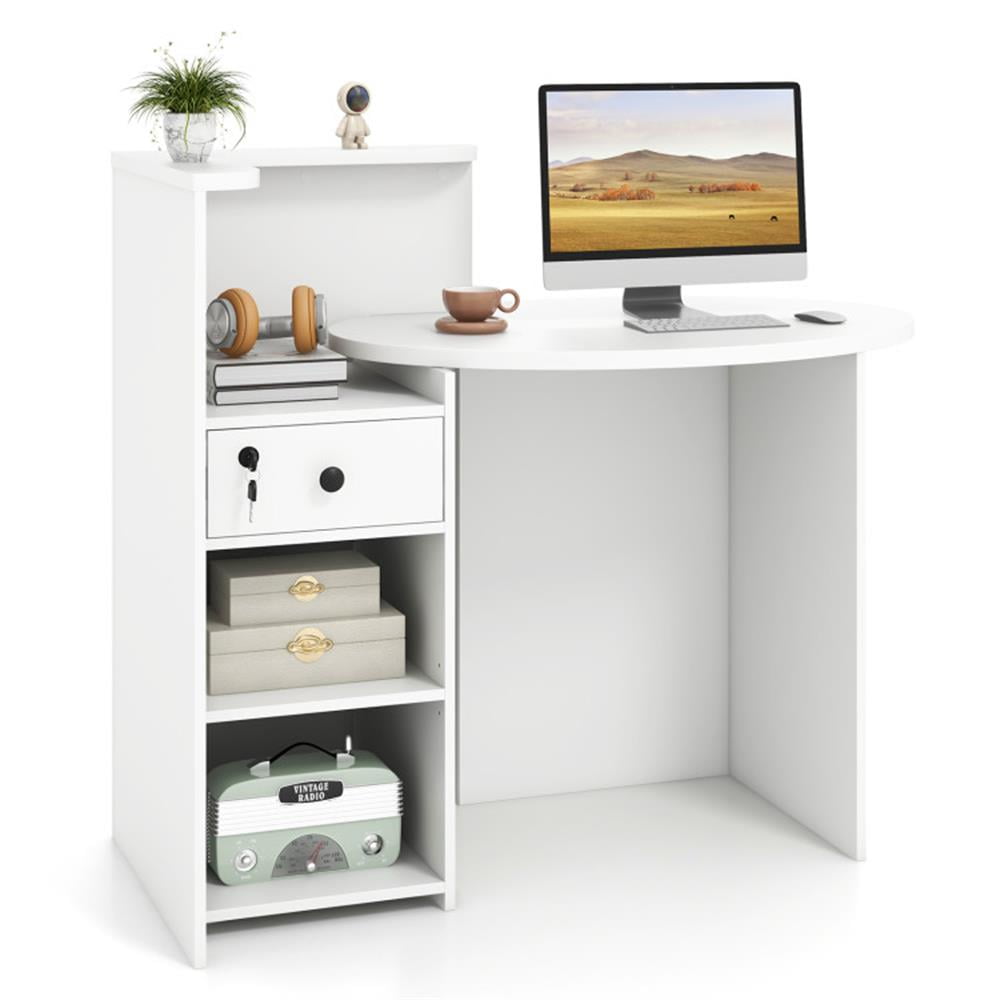 Demi Bonn Front Reception Office Desk with Open Shelf and Lockable Drawer, Small Home Computer Desk Study Writing Table, White