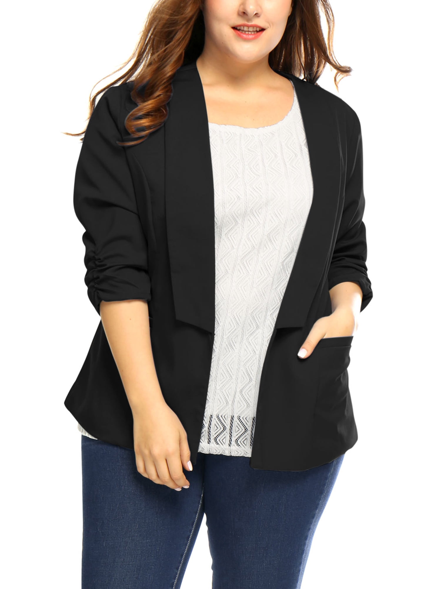 DARING DIVA Women's Plus Shawl Collar 3/4 Ruched Sleeve Blazers Black 4X
