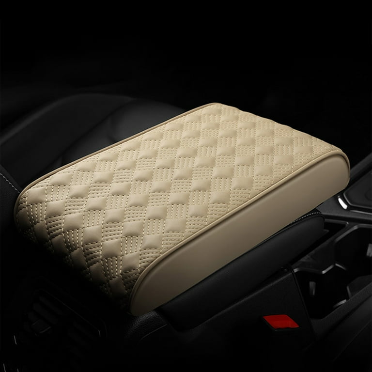 Center Console Cover, Leather Vehicle Armrest Cushion With 2 Storage Bags, Beige