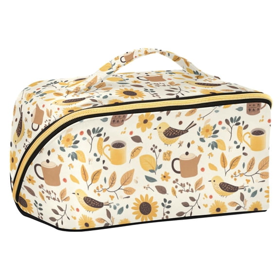 FORMRS Makeup Bag Travel Cosmetic Organizer for Women Fold Flat Zipper Pouch with Handle, Beige Birds Floral