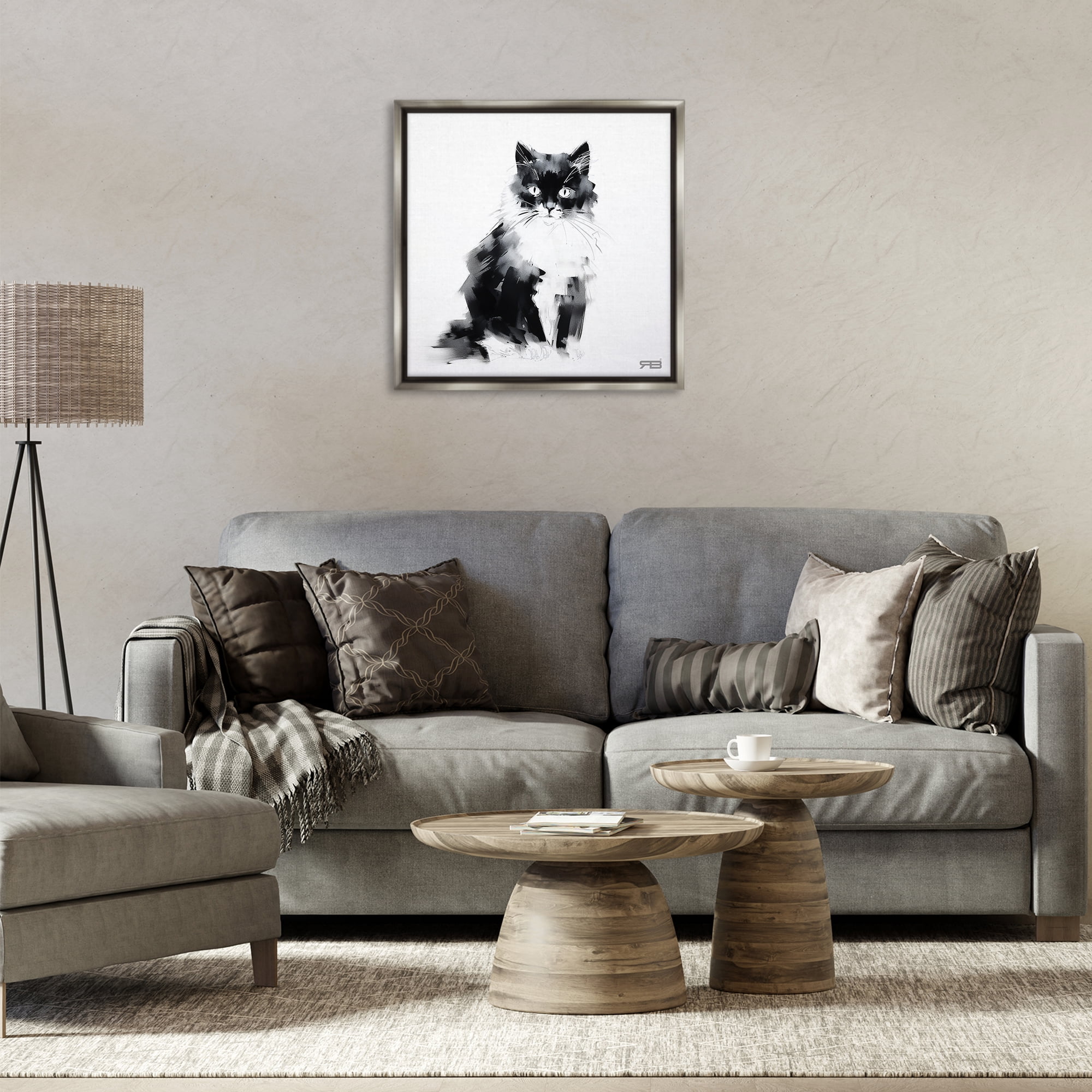 Stupell Industries Abstract Black & White Cat Animals & Insects Painting Gray Floater Framed Canvas Art Print Wall Art, 25 x 25