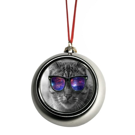 Grey Kitten in Galactic Glasses Bauble Christmas Ornaments Silver Bauble Tree Xmas