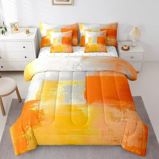 YST White Gray Orange Bedding King Size 7-Piece Oil Painting Comforter Set, Ombre Gradient Bed in a Bag with Flat Sheet and Fitted Sheet Graffiti Abstract Bedding Comforter Sets