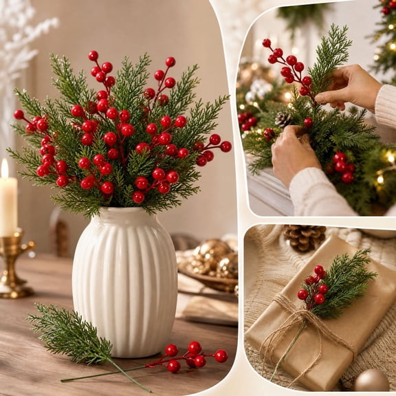 30Pcs Artificial Christmas Pine Picks With Red Berries For Holiday Table Centerpiece Decor