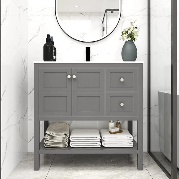 Freestanding Bathroom Vanity 36x18 Inch Soft Close Drawers Doors Storage Shelf Gel Basin Sink Powder Room Grey