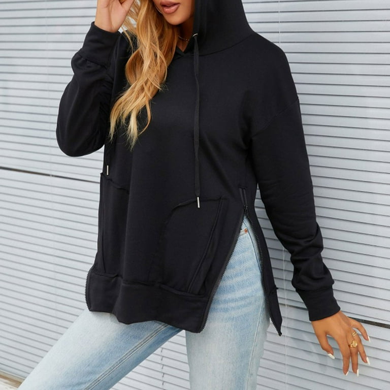 VKEKIEO Nylon Spandex Zip Up Hoodies For Women Turtleneck Long Sleeve Hoodie Solid Black M