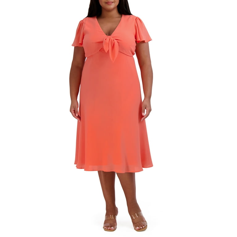 BCBG Paris Women s Chiffon Coral V Neck Tie Front Midi Dress With