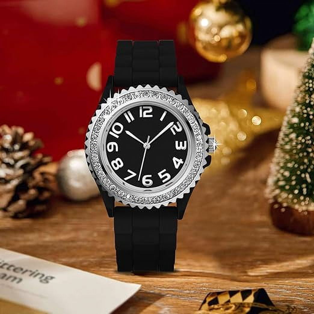 Blekon Christmas Tree Women Watch Crystals Studded Alloy Case Silicone Strap White Dial Santa Claus Analog Watches