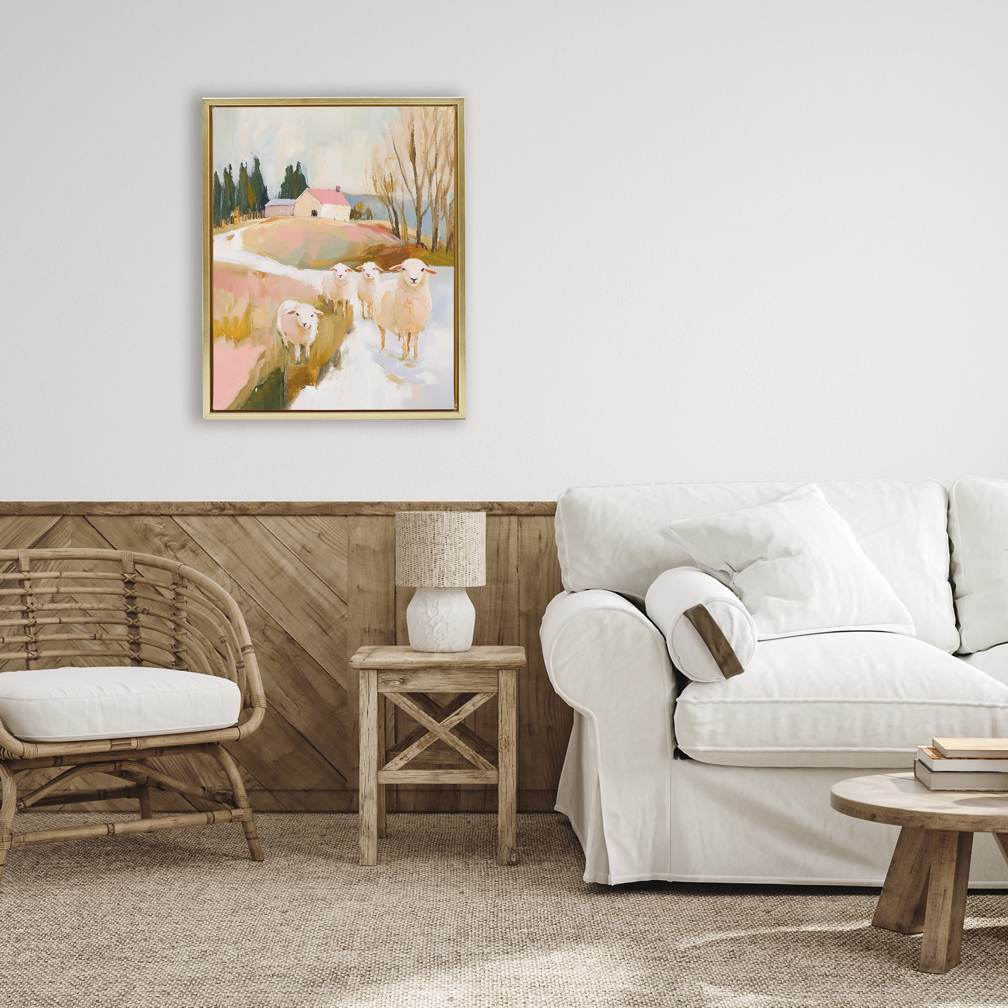 Stupell Industries Sheep on the Roadside Pasture Gold Framed Floater Canvas Wall Art, design by The Prints Vibe