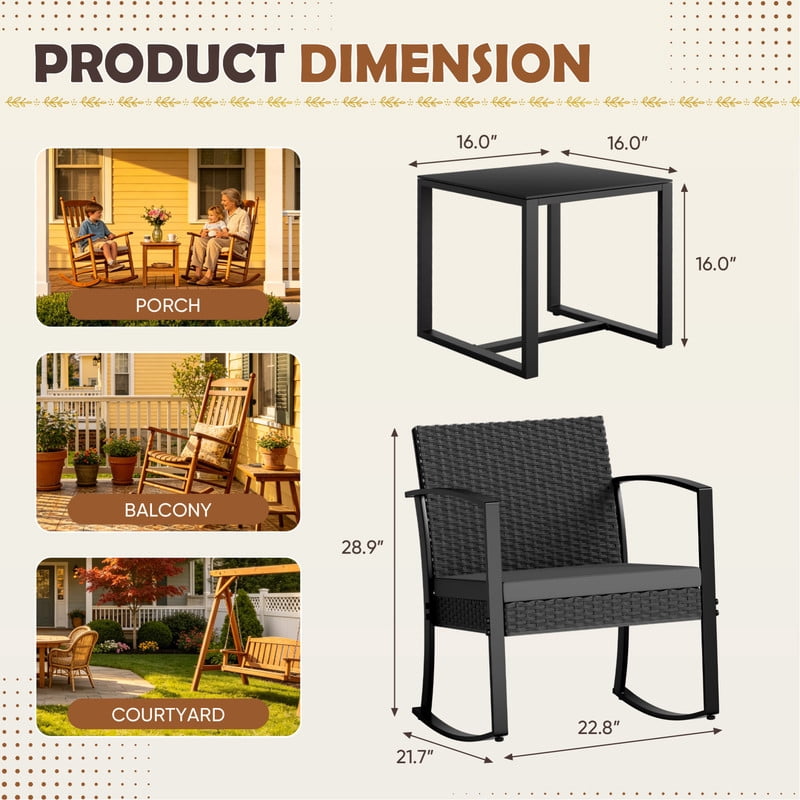 Homall Patio Furniture Set Outdoor Rocker All Weather PP Rocking Chair with Cushion Set of 3, Black
