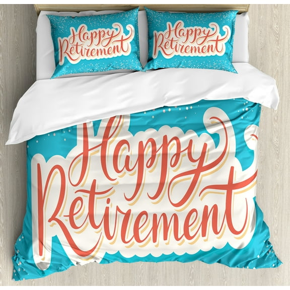 Going Away Party Duvet Cover Set, Happy Retirement Banner Design Hand Lettering Congratulatory, Decorative 3 Piece Bedding Set with 2 Pillow Shams, Queen Size, Coral White Sky Blue, by Ambesonne