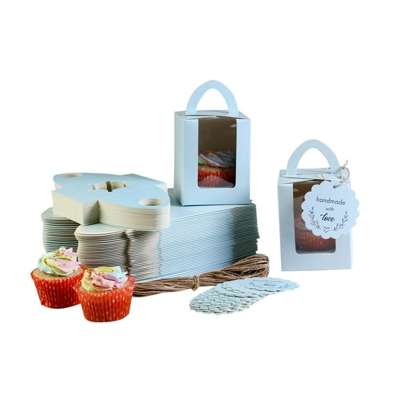 mudrit 50pcs Individual Cupcake Boxes, Single Cupcake Containers, Cupcake Carriers with Handle, Clear Window, Insert Trays, Tags and Jute twine (Blue)