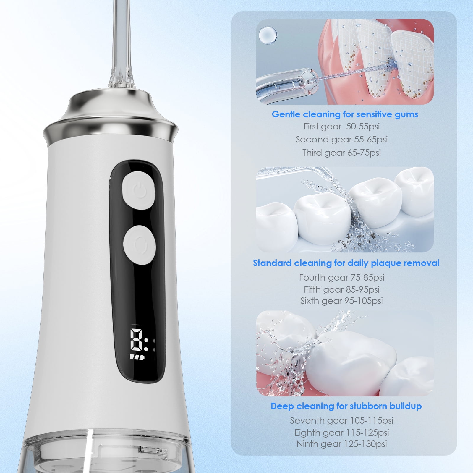 Hooyapik Cordless Water Flosser 300ml 9 Modes Adjustable Pressure for Gum & Braces, 4 Tips, White