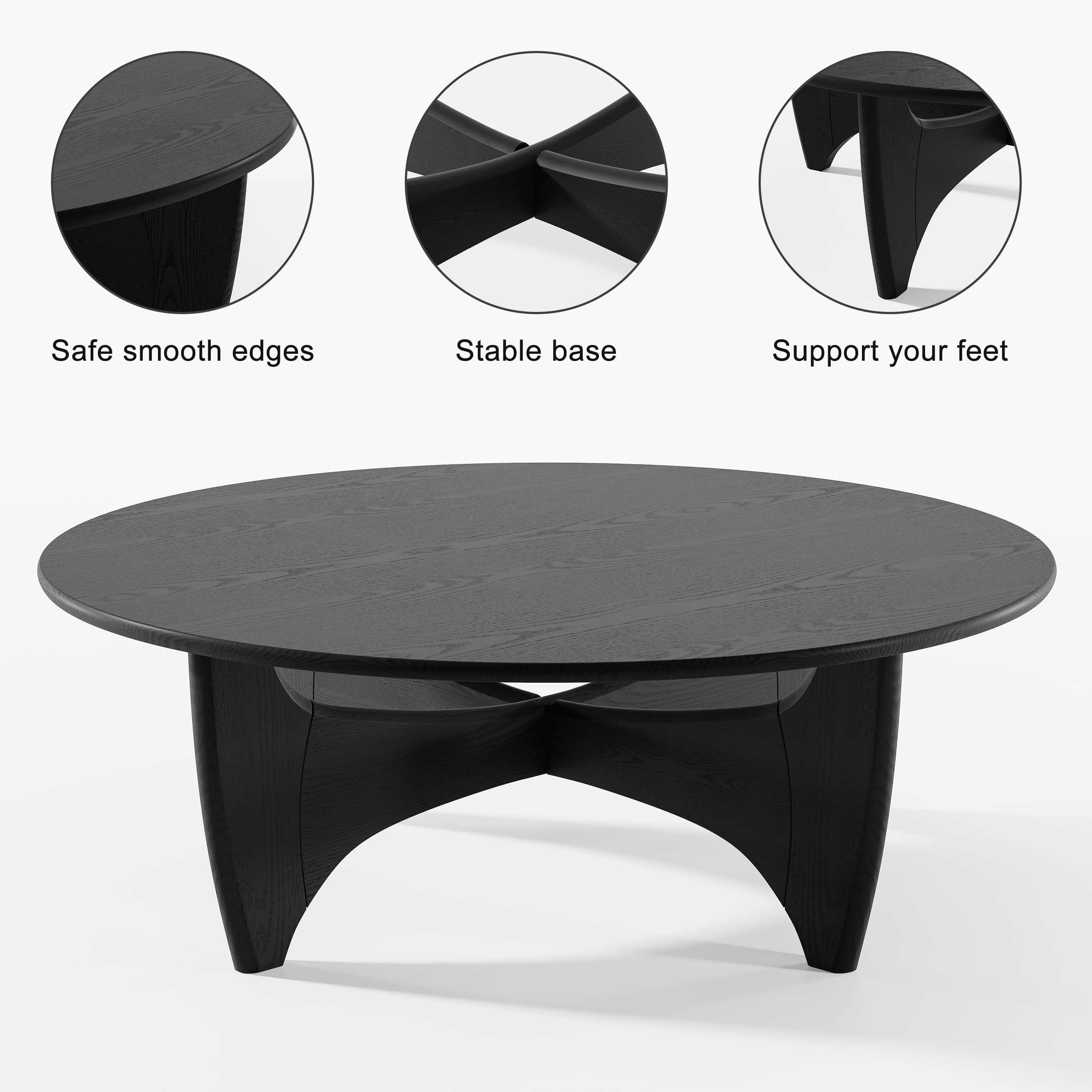 MAYEERTY 38"x38"x16" Solid Wood Coffee Table Round Sofa Table,Black