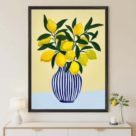 Mediterranean Lemon Branch Wall Art, Blue Vase, Yellow Lemon Decor, Unframed Canvas 8x10in