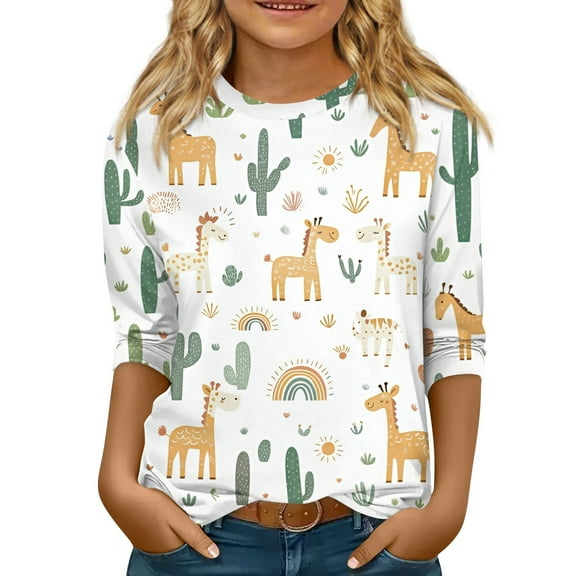 CCRFTGI 3/4 Sleeve Shirts for Girls Kids Tween Girls Casual Floral Graphics Basic Shirts Round Neck Soft Comfy Tee Top A-White 10-11Years