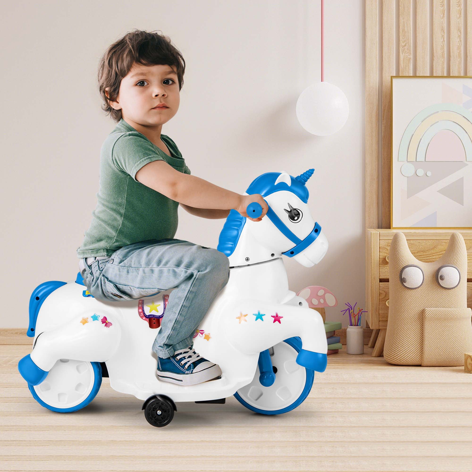 Costway 12V Kids Ride on Unicorn Toy with Training Wheels Music One-button Start Horse Toy Blue