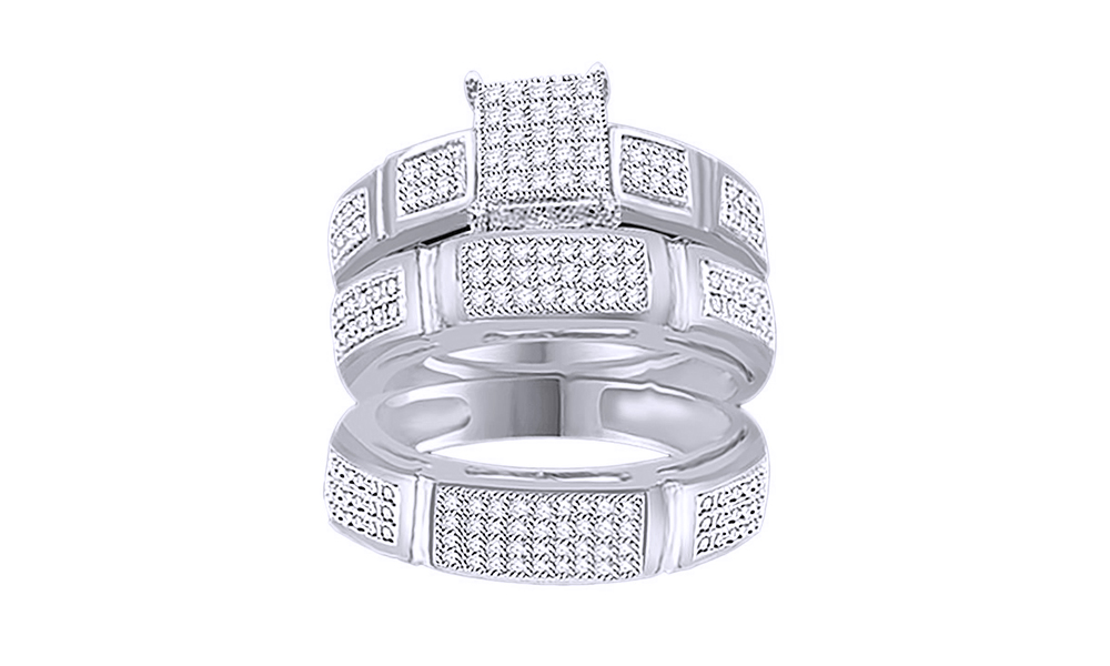 AFFY White Natural Diamond Engagement & Wedding Trio Band Ring Set In 10k White Gold (0.5 Cttw)