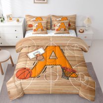 Homewish Cartoon Monogrammed A Twin Bedding Sets 7-Piece, Orange Brown Basketball Bedding Comforter Set, Teens Kids Boys Girls Reversible Sheet Sets, Breathable Home Decor