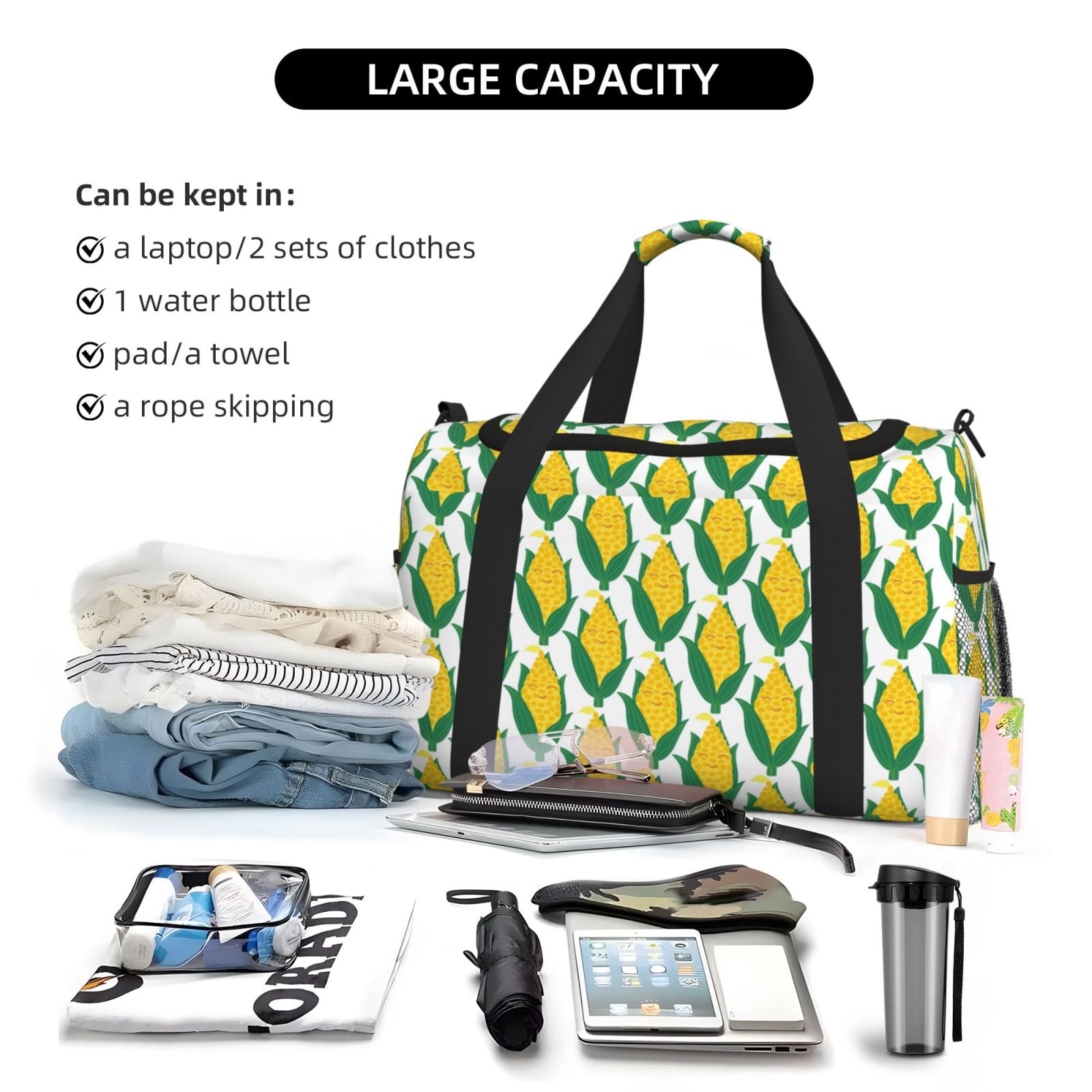 Fuzoiu Corn Cob Print Travel Duffle Bag,Carry On Tote Bags,Duffel Bag,Sport Gym Bag, Hospital Bag for Labor and Delivery, Overnight Bag,Luggage Bag