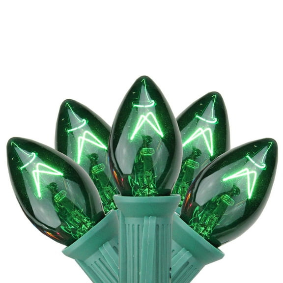 Set of 25 Transparent Green C7 Christmas Lights 12" Spacing - Green Wire