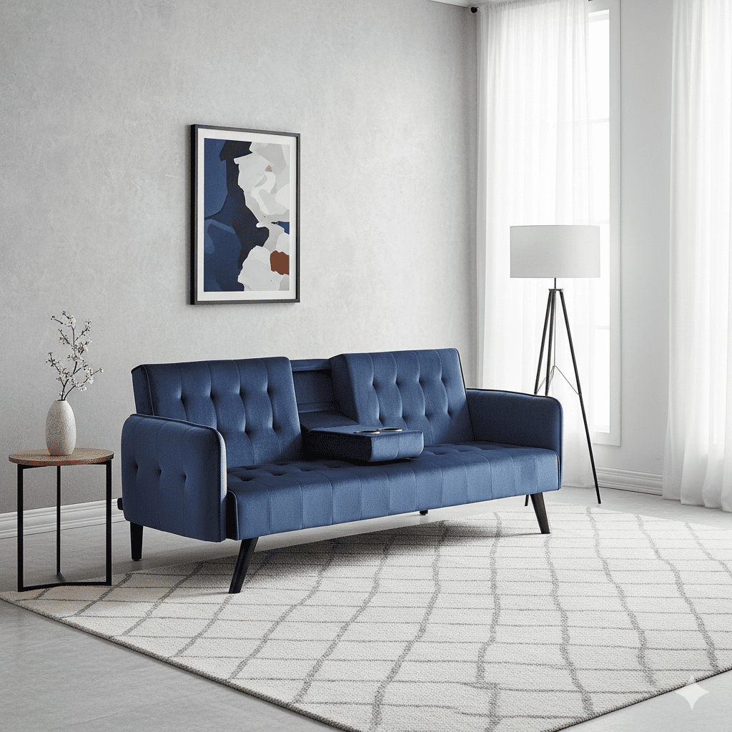 Gewnee 72" Convertible Sofa Bed,Tufted Velvet 3‑Seater Folding Futon Sleeper Couch with Cup Holders,Modern Couch for Home and Guest Room，Dark Blue