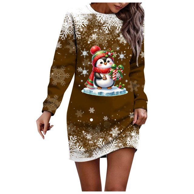 Wyzesi Robes Roses Grande Taille avec Manches Robe Chandail Imprimée de Noël pour Femmes Col Rond Manches Longues Robe Décontractée Sans Capuche Robes d'Hiver pour Fille
